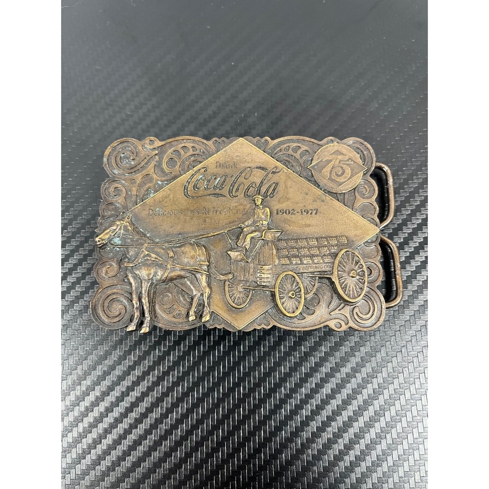 Coca Cola 75th Anniversary‎ 1902 1977 Belt Buckle Horse Drawn Wagon Collectible